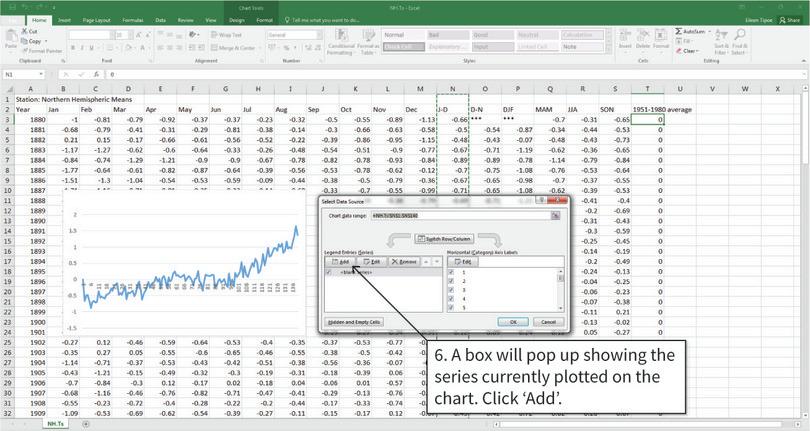 Add a horizontal line showing the 1951–1980 average
: The section on the left lists all the data series that are currently plotted on the chart as vertical axis values. We need to add the values in Column T to this list, so that a horizontal line with vertical axis values of 0 will appear.
