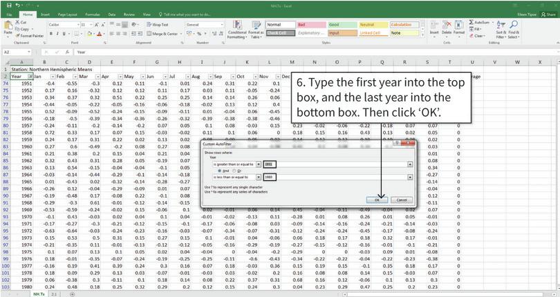Filter the data
: After completing step 6, only the data for the selected years is shown in the spreadsheet. Data for the other years is still there, but it’s hidden.
