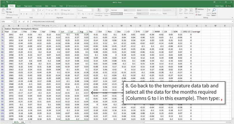 Use the FREQUENCY function to fill in the rest of the table
: Excel will fill in the frequency table based on the values in the cells selected.
