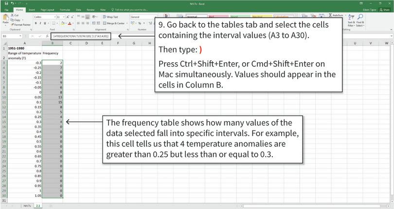 Use the FREQUENCY function to fill in the rest of the table
: Note: The values you get will be slightly different to those shown here, because this station temperature data is slightly different.
