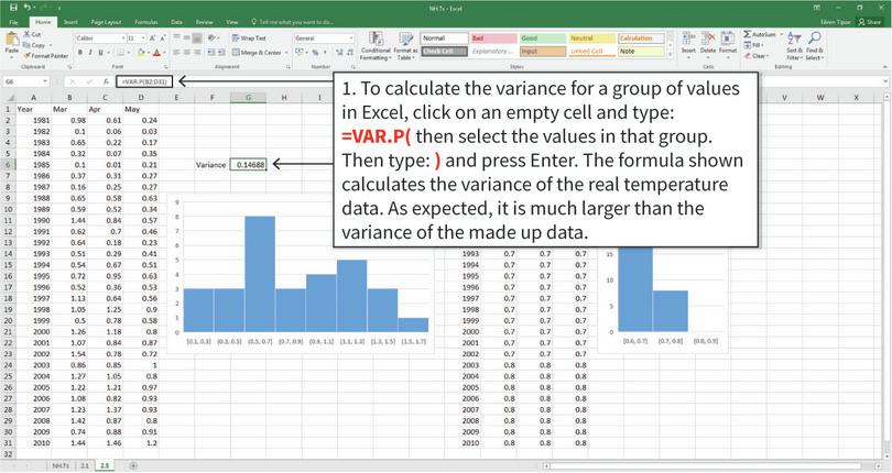 Calculating and interpreting the variance
: The variance is a measure of how spread out the data is. Just looking at the charts, we would expect the real temperature data to have a higher variance than the made up data. Note: There is a similar function in Excel called VAR.S, which is used to calculate the variance for other types of data. For this temperature data though, we will use VAR.P.
