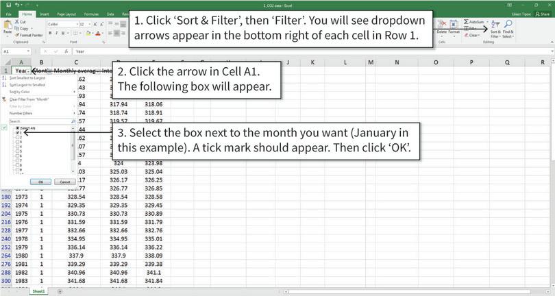 Filter the CO2 data according to your chosen month
: After completing step 3, only the data for the selected months is shown in the spreadsheet. Data for the other months is still there, but it’s hidden.
