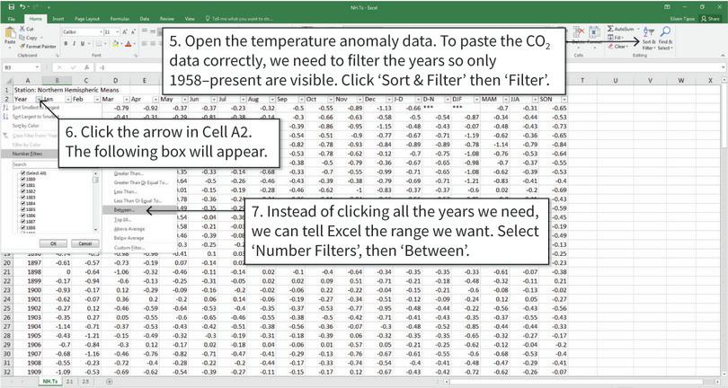 Filter the temperature data to correspond to the years present in the CO2 data
: The values in Column A (years) need to match with the years available in the CO2 data. We will filter the data so that temperature data is only visible for the years that CO2 data is available.
