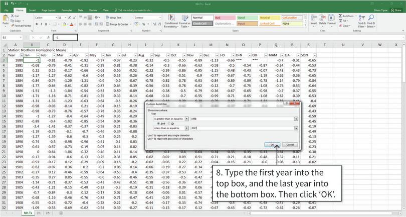 Filter the temperature data to correspond to the years present in the CO2 data
: Pay particular attention to the year in the first space. For March to December, the first year in the CO2 data is 1958. For January or February, the first year in the CO2 data is 1959.
