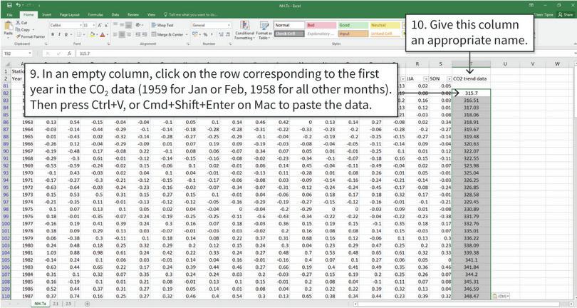 Paste the CO2 data into the temperature data spreadsheet
: If the data has been filtered correctly, after step 9 the CO2 data will be matched with the corresponding year.
