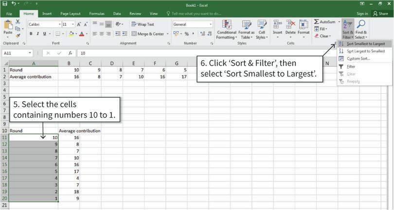 Rearrange rows in the correct order
: The rows in Column A are arranged in descending order (Round 10, Round 9, and so on), so we will use Excel’s ‘Sort and Filter’ option to reverse this order.</span>
