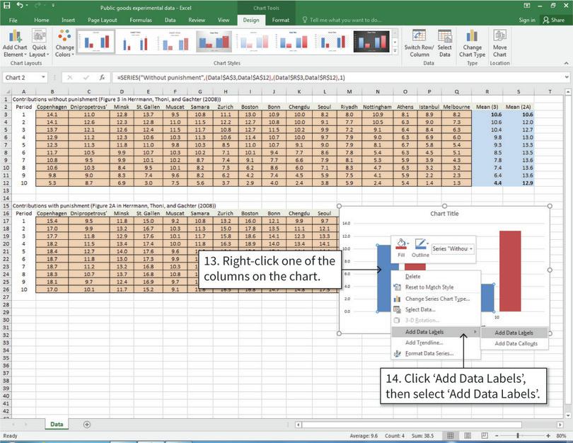 Add data labels on top of the columns
: After completing step 14, numbers showing the height of the column will appear on top of the columns selected.

