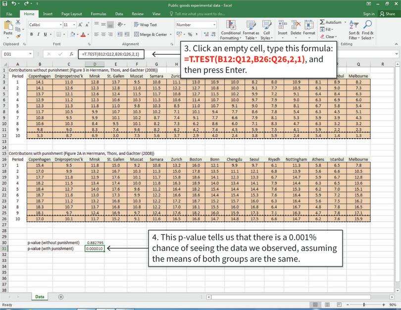 Calculate the p-value for Period 10 data
: Follow these steps to calculate the p-value for Period 10 (the cells in the dotted boxes). The only difference from the previous formula (for Period 1) is the data selected.
