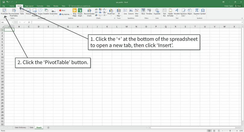Insert a blank pivot table
: We will make and store the frequency table in a new tab in the spreadsheet.
