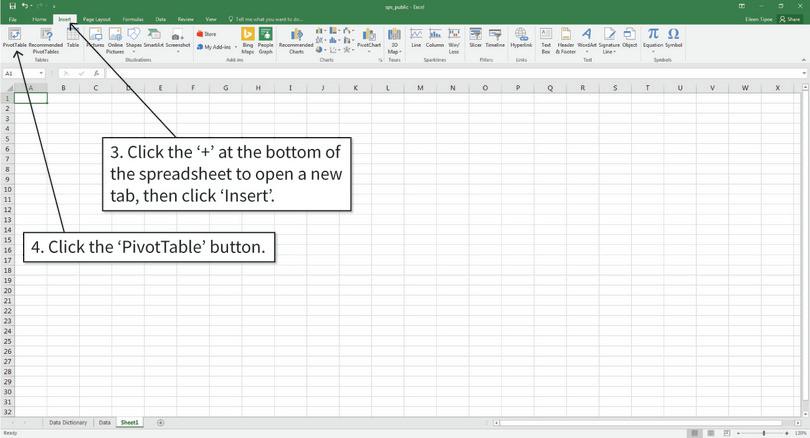 Insert a blank pivot table
: We will make and store the frequency table in a new tab in the spreadsheet.
