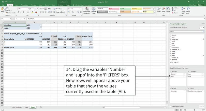 Filter the values inside the table
: Now we tell Excel to only include products that are available in all time periods (Number = 3), and non-supplementary products (supp = 0).
