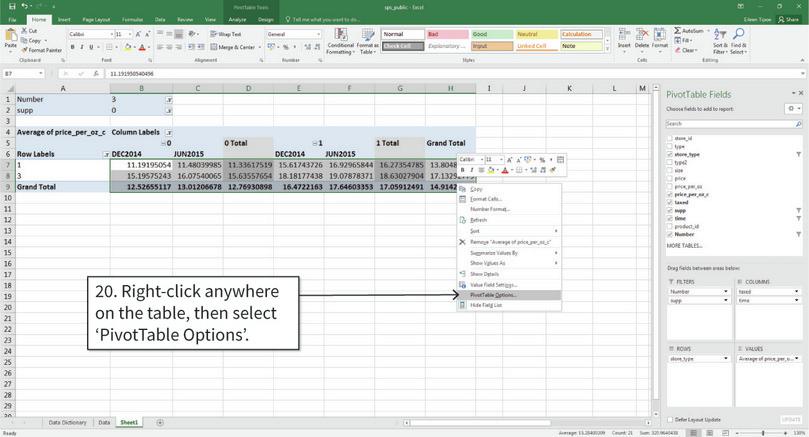 Remove the ‘Grand total’ rows and columns
: By default, the pivot table will have a column showing the mean for each row (for example, the mean for store type 1 in both DEC2014 and JUN2015). We will remove these columns to make our table easier to read.
