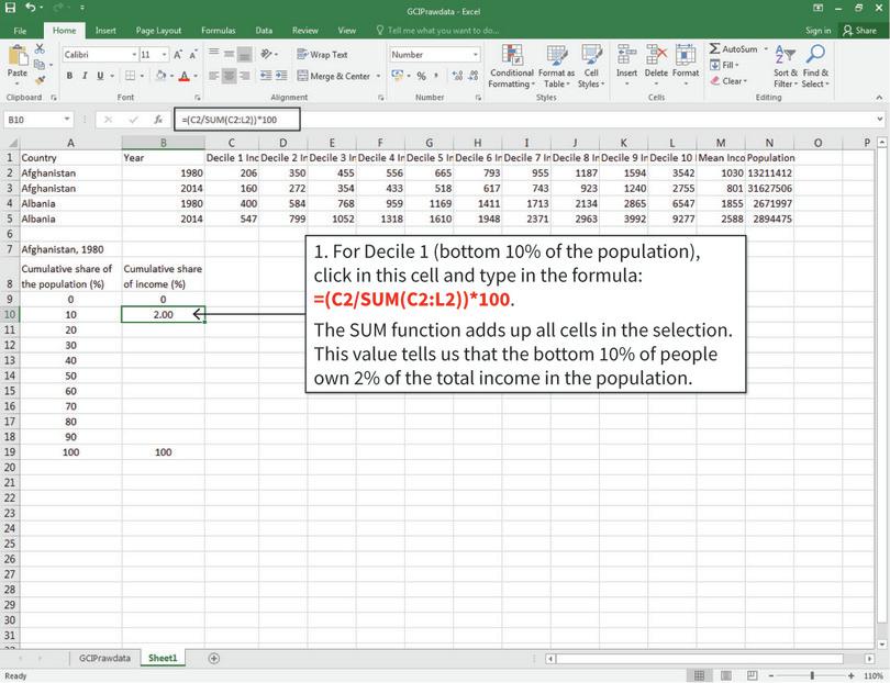 Calculate the cumulative share of income using the SUM function
: To calculate the cumulative share of income, we need to add up all the incomes corresponding to that decile and all smaller deciles, and then divide by the sum of all incomes.
