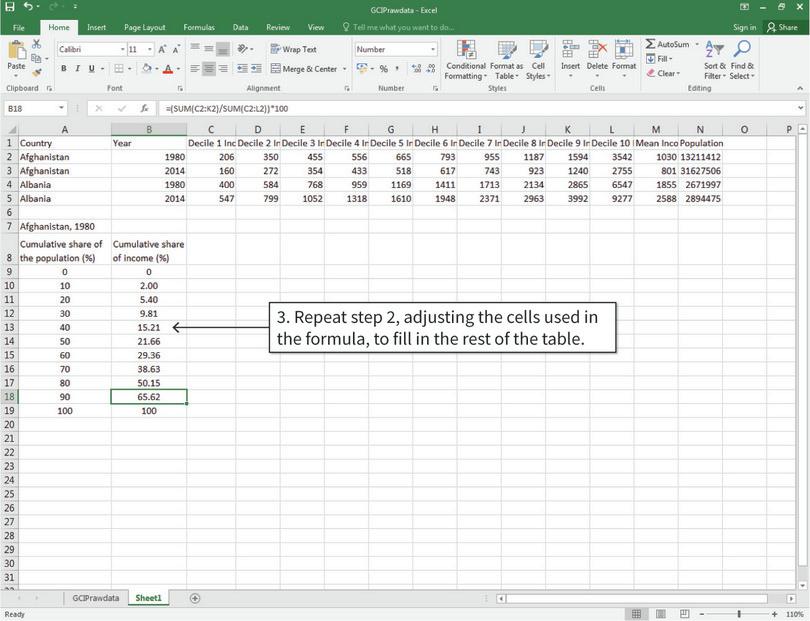 Calculate the cumulative share of income using the SUM function
: You can use this table to plot a Lorenz curve with the first column as the horizontal axis values, and the second column as the vertical axis values.
