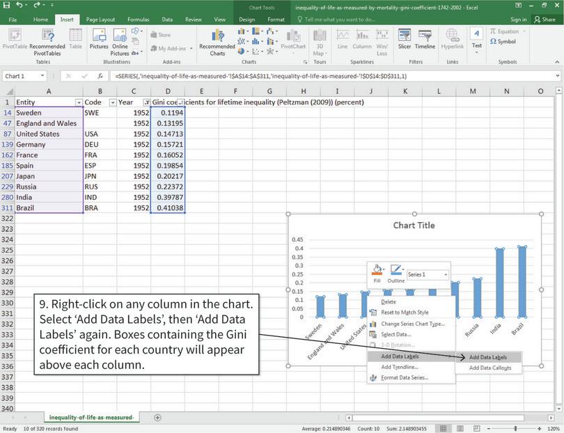 Add data labels to the columns
: Data labels will make the vertical values easier to see, especially for values that are very close to each other. After step 9, the Gini coefficients will appear in boxes above the columns.

