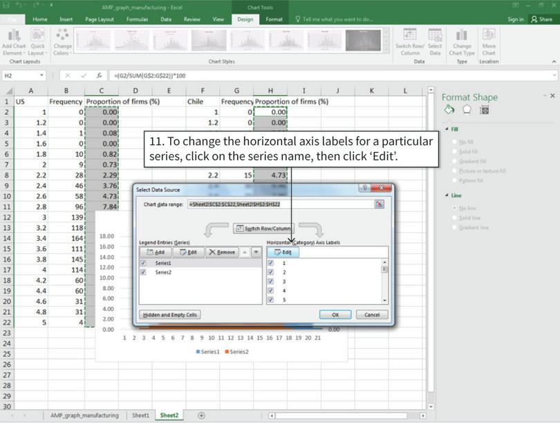 Change the horizontal axis values and series names
: Now, change the horizontal axis values to match the data in our frequency tables.
