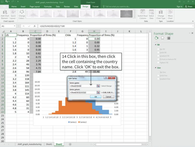 Change the horizontal axis values and series names
: After step 14, the legend entry for that country will now be the country name.
