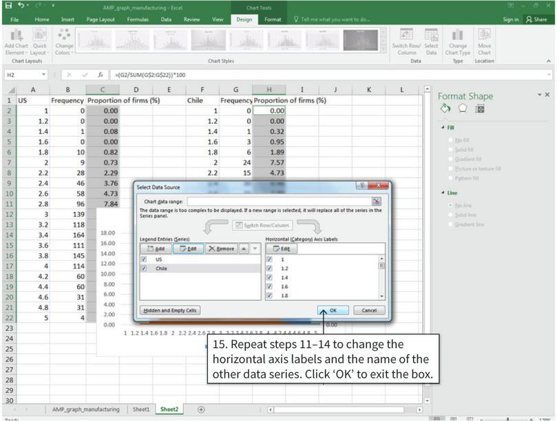 Change the horizontal axis values and series names.
: Since we have two vertical axes on our chart (one for each data series), we need to change the horizontal axis labels for both axes before Excel will update the chart.
