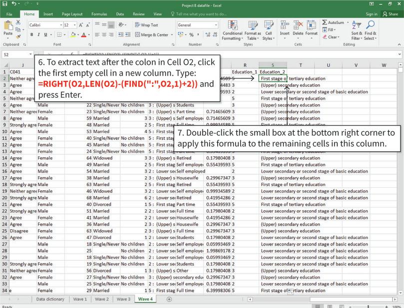 Extract a specific part of a string of text
: The RIGHT function counts the specified number of characters starting from the right end of the string of text. Since words have different lengths, we use LEN() to calculate the length of the string, then subtract the colon’s position in the string (using the FIND function). For example, if the string is 10 characters long, and the colon is the third character, we want Excel to extract characters 4 to 10 (the first 6 characters from the right).
