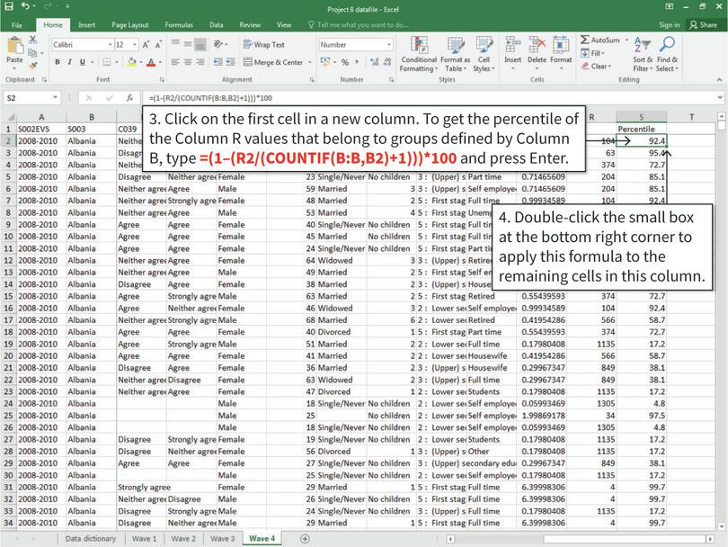 Use the calculated rank to calculate the percentile.
: The intuition behind the percentile calculation is that an observation’s percentile is the percentage of observations smaller than it (the +1 in the formula is needed to exclude the observation itself). The 1– at the start of the formula is because we ranked observations from largest to smallest (so we need to ‘reverse’ all the numbers). Here we have multiplied by 100 so the numbers correspond to actual percentiles (for example, 92 percentile). You can see that higher incomes have lower ranks and higher percentiles, indicating that we have done this correctly. Note: This example was based on observations with non-missing income only (not the fully-cleaned dataset), so the numbers you get will be slightly different.

