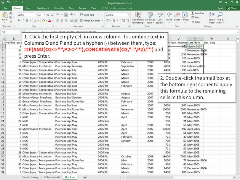Combine the month and year variables into one variable
: Excel’s CONCATENATE function combines text in cells in the specified order. You can add punctuation and spaces by specifying them in quotation marks (“”). Here, we use the IF function so that Excel only fills in cells in rows where both start and end dates were non-missing (the AND function states these conditions).
