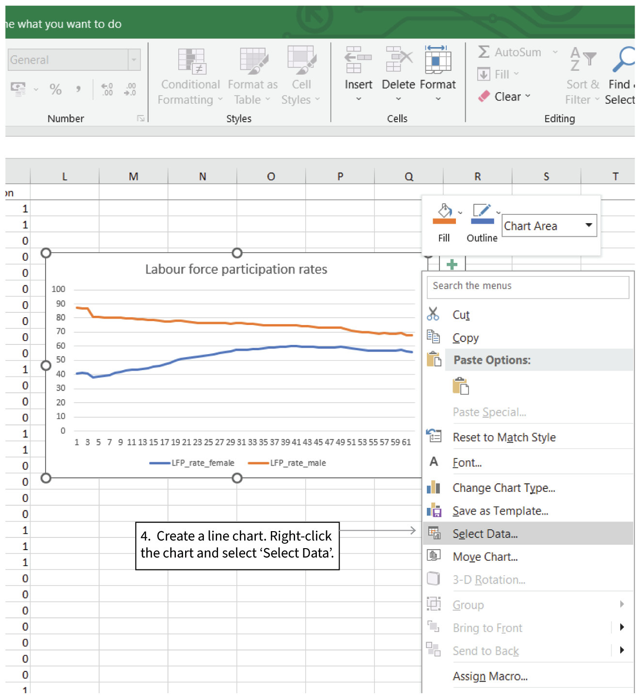 Add the recession data to the line chart: For all users
: Create the line chart by selecting the male and female labour participation variables, then Insert > Line chart > 2D line.
