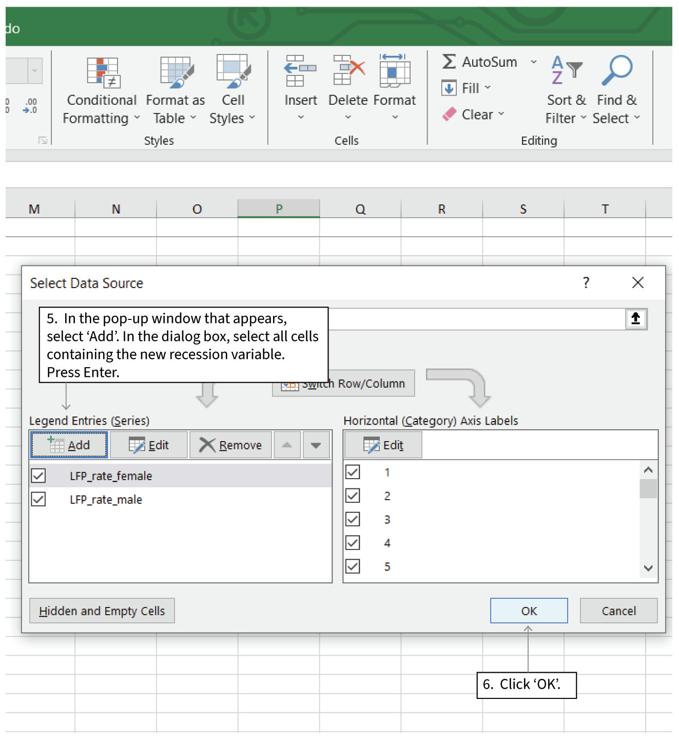 Add the recession data to the line chart: For Windows users
: Right-click the chart and select ‘Select Data’. In the pop-up window that appears, select ‘Add’ and in the dialog box, enter the desired data series for the shaded areas (column containing the dummy for recession years). Once you have correctly added in the new series, click ‘OK’.
