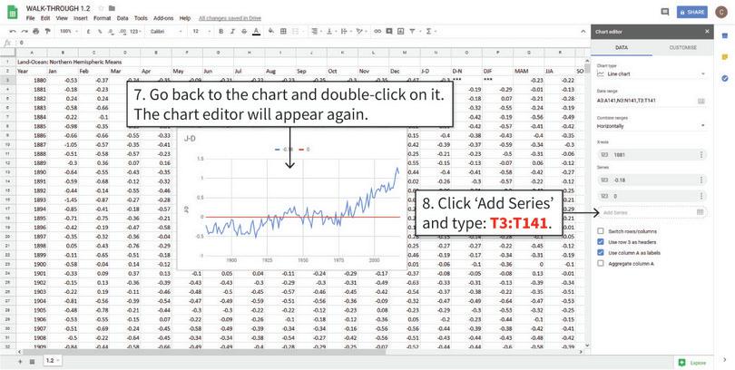 Add a horizontal line showing the 1951–1980 average
: The cells in Column T contain the vertical axis values we need to add to the chart, so we need to select them all.
