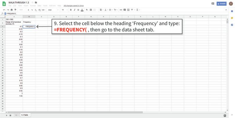 Use the FREQUENCY function to fill in the rest of the table
: Now that the data is filtered, we will use Google Sheets’ FREQUENCY function to fill in Column B. First, select the cells that need to be filled in.
