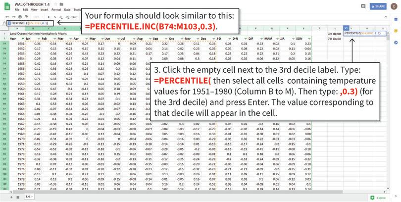 Use PERCENTILE to get the value for the 3rd decile
: The PERCENTILE function will find the value corresponding to the chosen percentile in the cells you selected. The value 0.3 refers to the 30th percentile, also known as the 3rd decile.
