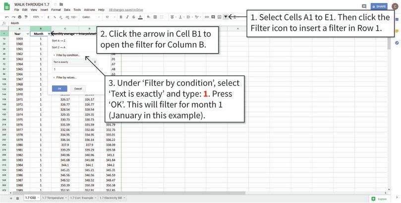 Filter the CO2 data according to your chosen month
: After completing step 3, only the data for the selected months is shown in the spreadsheet. Data for the other months is still there, but it’s hidden.
