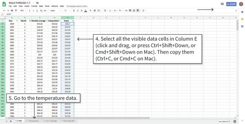 Filter the CO2 data according to your chosen month
: We need to copy and paste the data in Column E into the temperature anomalies spreadsheet. Filtering the data first means that only these values will be copied (rather than all values in Column E).
