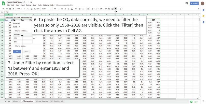 Filter the temperature data to correspond to the years present in the CO2 data
: The values in Column A (years) need to match with the years available in the CO2 data. We will filter the data so that temperature data is only visible for the years that CO2 data is available.
