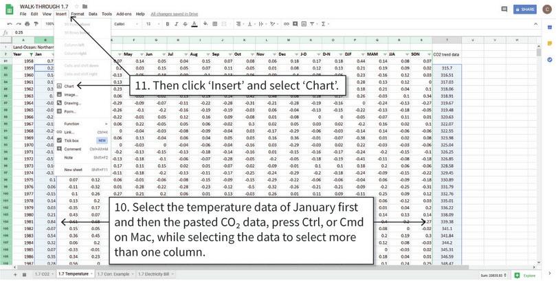 Draw a scatterplot for temperature anomaly and CO2 level
: Select the data that will be used, and open the chart editor.
