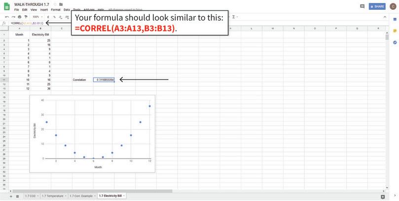 Limitations of the correlation coefficient
: One limitation of this correlation measure is that it only tells us about the strength of the linear relationship between two variables. The correlation coefficient cannot tell us if the two variables have a different kind of relationship (e.g. a wavy line). For example, suppose your electricity bill is high in winter but low in summer (the U-shaped pattern shown in the chart). This correlation measure cannot detect the U-shaped pattern, understating the actual association between the two variables. Note: There are other measures of correlation that can deal with this issue, but we will only look at this correlation measure (called Pearson correlation) for now.
