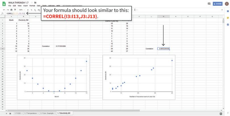 Limitations of the correlation coefficient
: Remember that correlation is a measure of association and does not imply that one variable causes the other. Spurious correlation is when two variables are strongly correlated but there is no direct relationship between them. In this example, the number of insurance scams in your city is strongly correlated with your monthly electricity bill (almost a perfectly straight line), but it is difficult to argue that your electricity consumption caused the scams, or vice versa. Similarly, we cannot use correlation or scatterplots to predict the value of either variable outside the range shown. For example, from this chart, we cannot conclude that when there are 45 insurance scams, your electricity bill will be higher than $37. We can only use correlation and scatterplots to summarize and look at the data we have.
