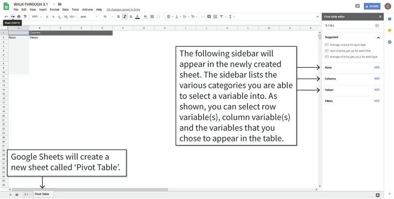 Insert a blank pivot table
: A sidebar will appear in the newly created sheet. The pivot table is currently blank. In order to create the table, we will select the relevant row variable(s), column variable(s), and values in the sidebar.
