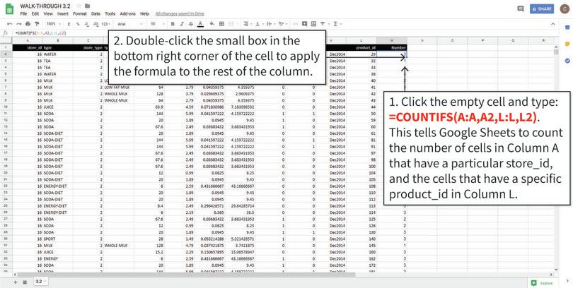 Count the number of times each product appears in the dataset
: We only want to look at products that were present in all time periods, to ensure we are comparing the same group of products over time. We will create a new variable (called ‘Number’, shown in Column M) that shows how many periods of data are available for each product. The COUNTIFS function will help us count the number of observations that satisfy certain conditions.
