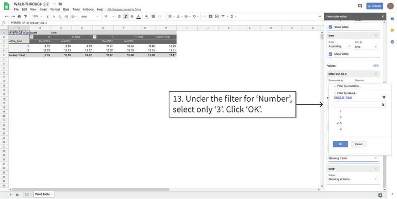 Filter the values of each variable
: We now filter the data so that only products that are available in all time periods (Number = 3) are visible.
