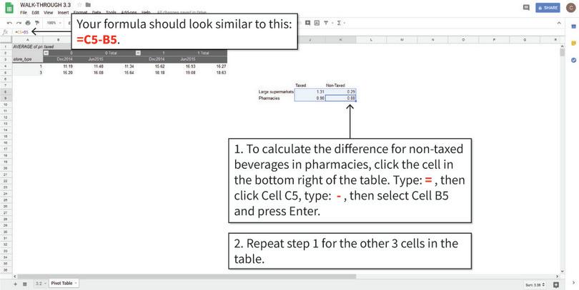 Create a table showing differences in means
: Fill in the table by using cell formulas to calculate the differences required. After step 2, your table will look like the one shown above.
