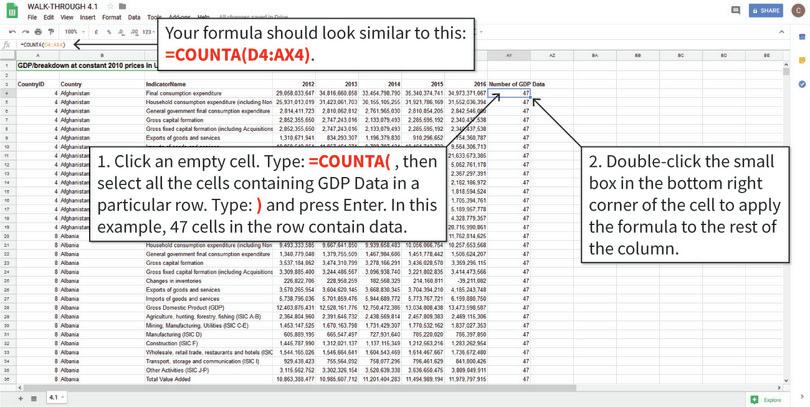 Count the years of data available in each row
: We will first count the number of years of data available using the COUNTA function, which tells us how many cells in a given selection are non-empty (i.e. have data). We will store this information in Column AY, as shown. Note: The numbers you get may be slightly different if you are using the latest data.
