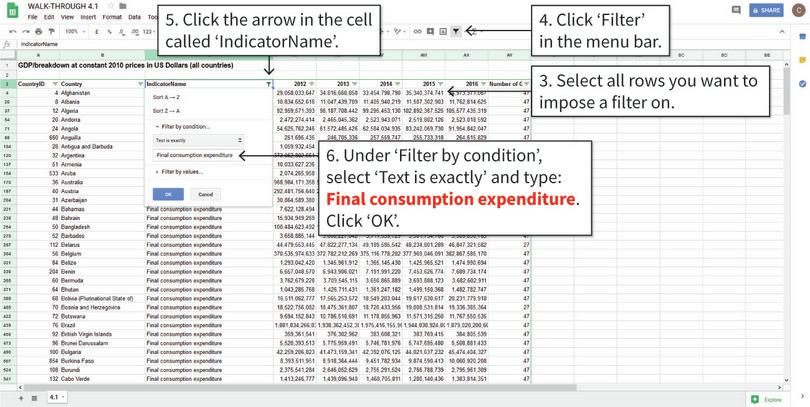 Filter the data
: We only want to know how many years of ‘Final consumption expenditure’ are available for each country, so we need to filter out the rest of the data.
