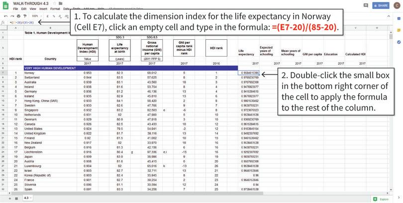 Calculate dimension indices of each component.
: First, we will calculate the dimension indices of each component of the HDI, and store this information in Columns Q to T, as shown above. We used the numbers 20 and 85 in the formula for life expectancy because they refer to the minimum and maximum values of that component respectively.

