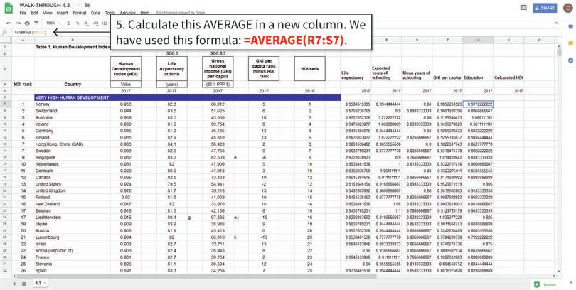 Calculate the index value for education
: To calculate the HDI, we need the index value for education, which we get by taking the average of the two dimension indices for schooling. The index value for education is the average of the dimensions for expected and mean years of schooling.
