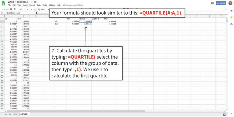 Calculate the values needed for the box and whisker plots
: The QUARTILE function finds the value corresponding to the specified quartile.
