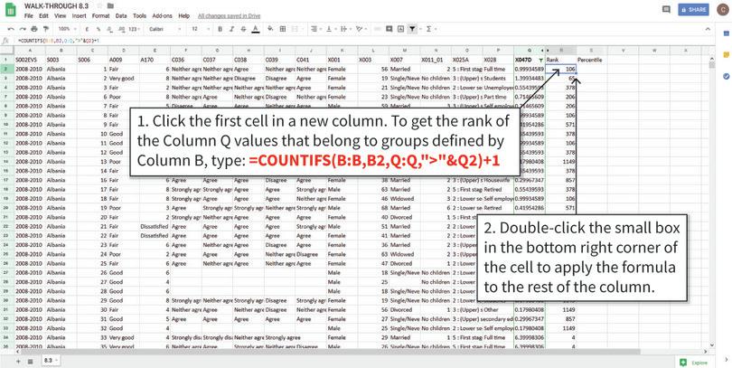 Calculate the rank of each observation
: The intuition behind our rank calculation is that an observation’s rank is the number of observations larger than it, plus 1. (For example, if there were only two numbers, the smaller number should be ranked 2 and the larger number ranked 1). By default, Google Sheets will rank observations from largest to smallest (higher numbers will have lower ranks). We need this setting to calculate percentiles. In this example, we need to rank observations only within the country it belongs to, not the entire dataset, so we use this as a condition in COUNTIFS.
