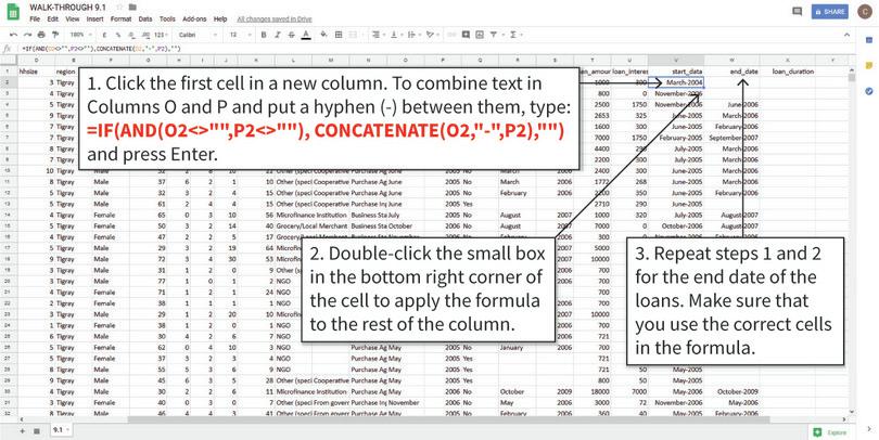 Combine the month and year variables into one variable
: The CONCATENATE function combines text in cells in the specified order. You can add punctuation and spaces by specifying them in quotation marks (“”). Here, we use the IF function so that Google Sheets only fills in cells in rows where both start and end dates were non-missing (the AND function states these conditions).
