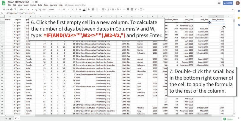 Use date variables to calculate duration
: With the proper formatting, Google Sheets can calculate the number of days between two dates. In this example, some of the start dates are later than the end dates, resulting in negative numbers. We will correct these values in the next step.
