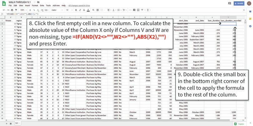 Recode incorrect durations
: The ABS function converts any value to its positive counterpart. After step 9, the negative values in Column X are now recorded as positive numbers in Column Y. Again, we used the AND function so that Google Sheets only did this for non-blank cells (in this case, the condition AND(X2<>“”) would give the same results).
