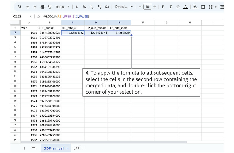 Apply the same formula to subsequent cells
: To apply the formula to all subsequent cells, select the cell(s) in the second row and double-click the bottom-right circle.
